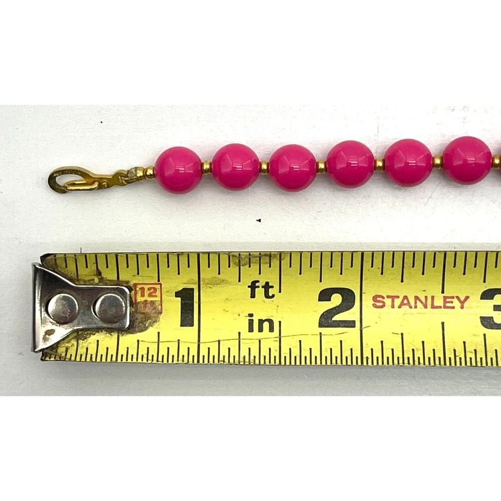 Vintage Hot Pink Beaded Necklace w/ Gold Tone Ball Spacers Fashion Jewelry 30